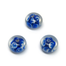 Mėlynos lampwork stiklo rondelės su gėlytėmis 13x8 mm