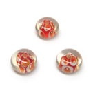 Raudonos lampwork stiklo rondelės su gėlytėmis 13x8 mm