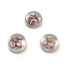 Alyvinės lampwork stiklo rondelės su gėlytėmis 13x8 mm