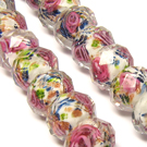 Facetuotos lampwork stiklo rondelės su gėlytėmis ir aukso dulkėmis 13x8 mm