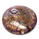Rankų darbo disko formos lampwork stiklo pakabutis su aukso ir sidabro dulkėmis, alyvinės spalvos 50 mm