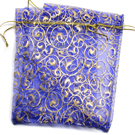 Organzos maišelis mėlynas su auksiniu ornamentiniu raštu 13x18 cm