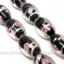 Lampwork karoliukas su sidabro folija ir gėlyte juodos spalvos 16x10 mm