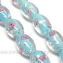 Lampwork karoliukas su sidabro folija ir gėlyte žydros spalvos 16x10 mm