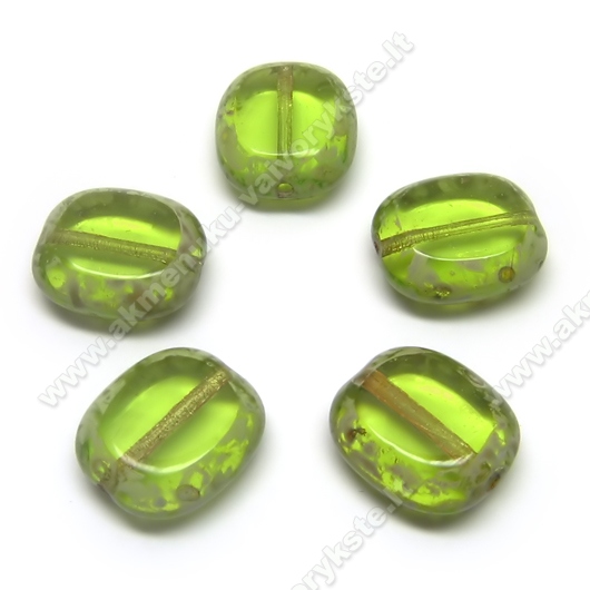 Žalio stiklo karoliukas margintais kraštais stačiakampio formos 14x12 mm