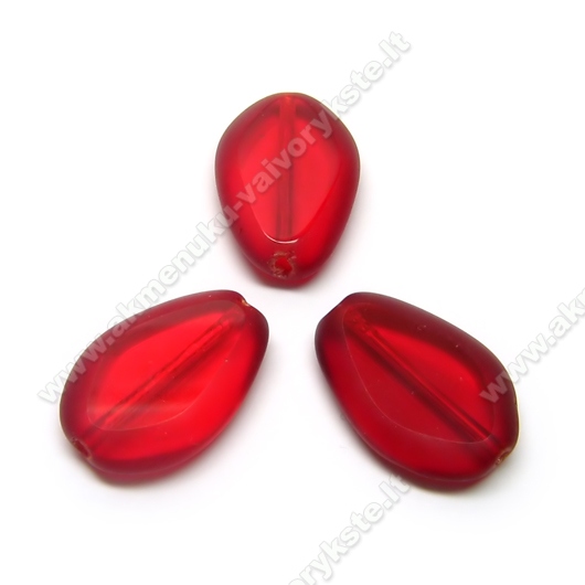 Raudonas stiklo karoliukas matiniais kraštais lašelio formos 18x12 mm