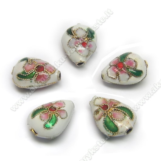 Cloisonne karoliukai balti lašo formos 13x10 mm