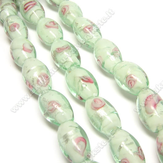 Lampwork karoliukas su sidabro folija ir gėlyte žalsvos spalvos 16x10 mm