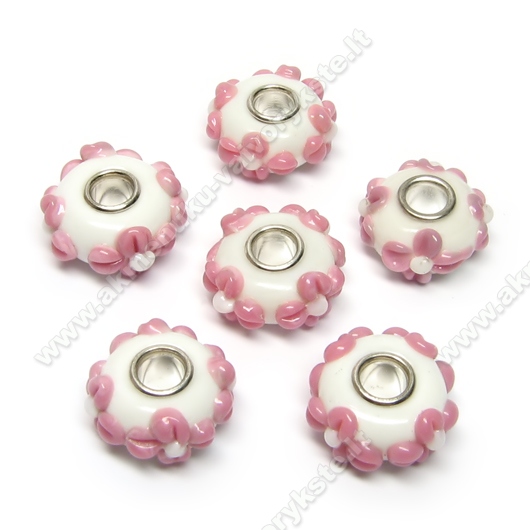Pandora stiliaus lampwork karoliukai su rausvomis gėlytėmis 16x8 mm