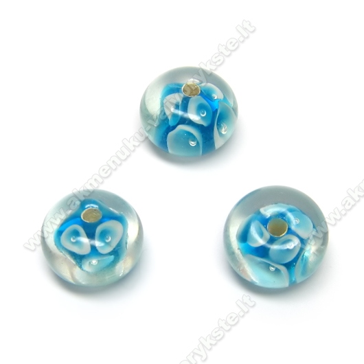 Žydros lampwork stiklo rondelės su gėlytėmis 13x8 mm`