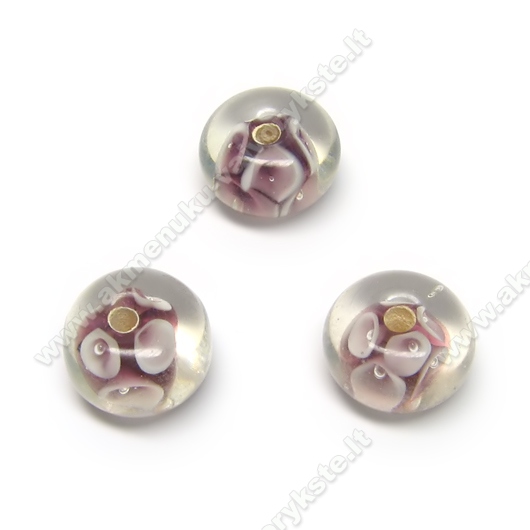 Alyvinės lampwork stiklo rondelės su gėlytėmis 13x8 mm