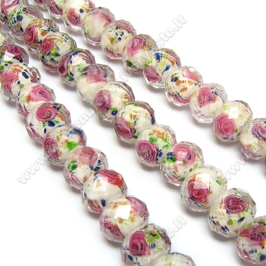 Facetuotos lampwork stiklo rondelės su gėlytėmis ir aukso dulkėmis 13x8 mm