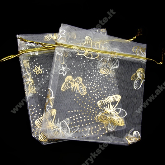 Organzos maišelis baltos spalvos su  drugelių ornamentu 8x10 cm