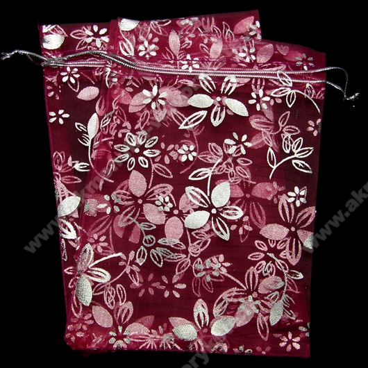 Organzos maišelis ryškios alyvinės spalvos su gėlių ornamentais  11x16 cm