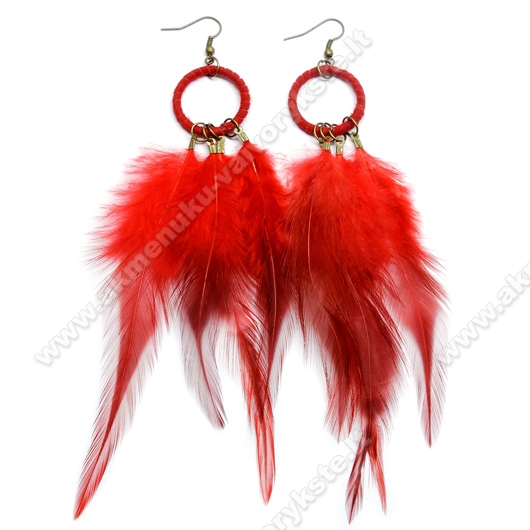 Raudonų plunksnų auskarai