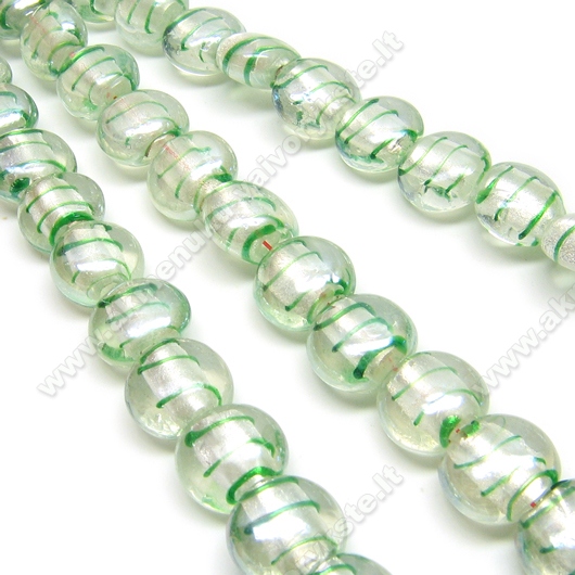 Lampwork stikas skaidrus su žaliomis juostelėmis diskelio formos 13 mm