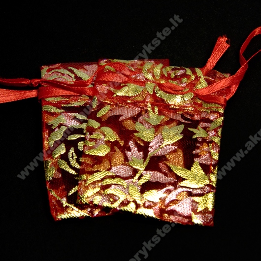 Mažas organzos maišelis raudonos spalvos su rožių ornamentu 5,5x7 cm