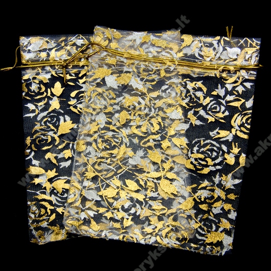 Organzos maišelis baltas su auksinių rožių ornamentu 11x15 cm