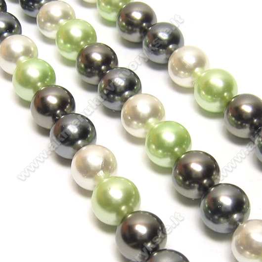 Kriauklės perlų juosta "Salotinė-pilka-balta" 8 mm