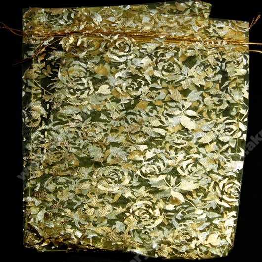 Gelsvos spalvos organzos maišelis su auksinių rožių ornamentu 14x23 cm